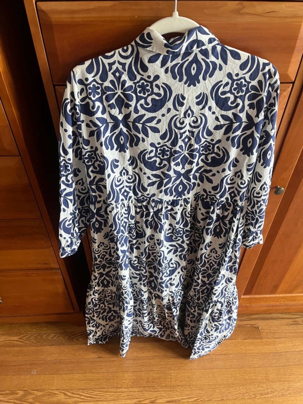 Zara Navy White Damask Print A-Line Long Sleeve Midi Shirt Dress Size XL - Picture 2 of 8